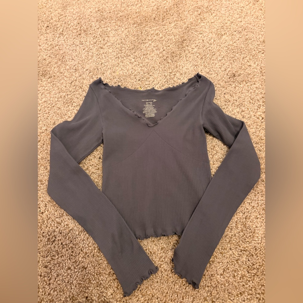 Free People Long Sleeve Ribbed Lettuce-Edge Top - Gray
